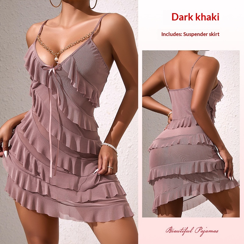 Fashionable Patchwork Ruffle Trim Camisole Short Dress For Women Khaki - Shop at LoveMi