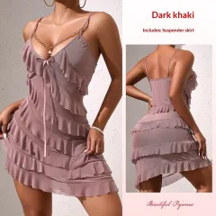 Fashionable Patchwork Ruffle-Trim Camisole Short Dress For Women - Deep Khaki - View 1