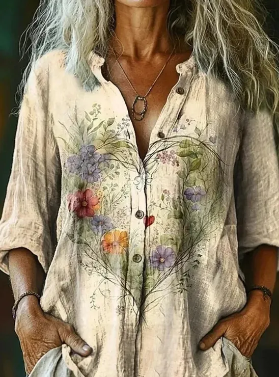 Women's Vintage Ethnic Floral Art Print Linen And Cotton V neck Casual Shirt Multicolor - Shop at LoveMi