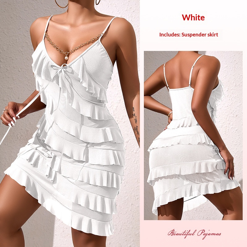 Fashionable Patchwork Ruffle Trim Camisole Short Dress For Women White - Shop at LoveMi