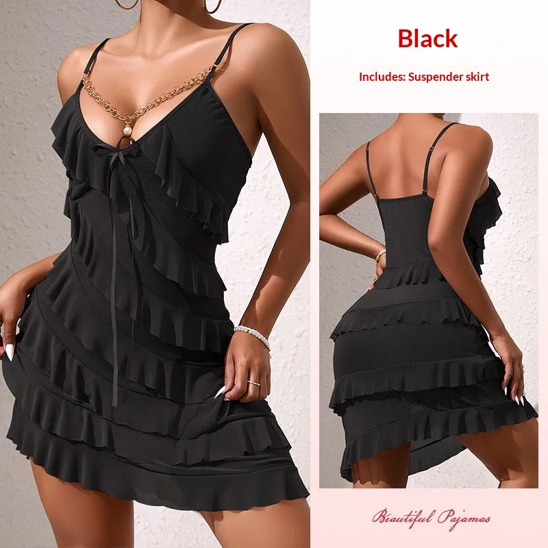 Fashionable Patchwork Ruffle-Trim Camisole Short Dress For Women - Black