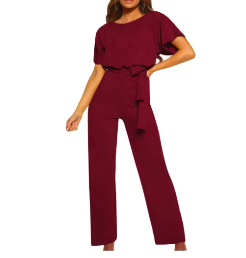 Women's Summer Button Lace-up Short-sleeved Jumpsuit - Wine