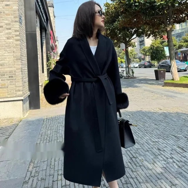 Wool Coat For Women Mid length Black With Fox fur Cuffs Black - Shop at LoveMi