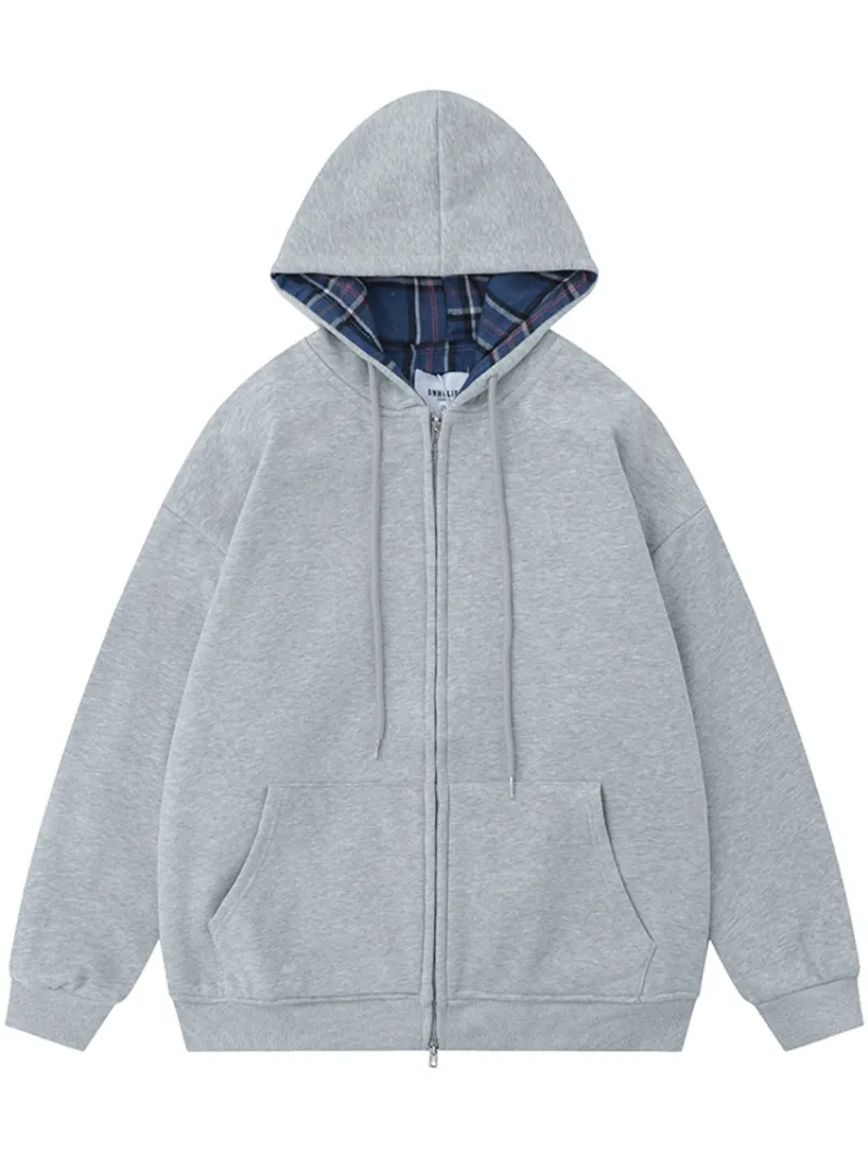 Street Plaid Cardigan Hoodie Loose-fitting Hooded Coat - Gray