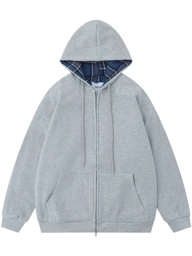 Street Plaid Cardigan Hoodie Loose fitting Hooded Coat Gray - Shop at LoveMi