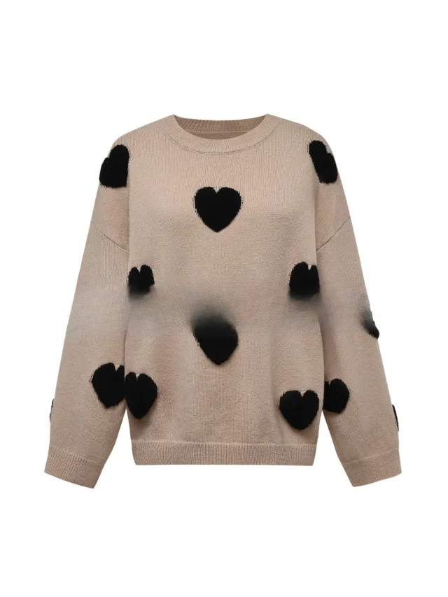 Women's 3D Jacquard Heart Pullover Sweater With Long Sleeves And Light Stretch Khaki - Shop at LoveMi
