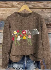 Thick Needle Fabric Printed Crew Neck Sweatshirt Top - Jj4213Bn