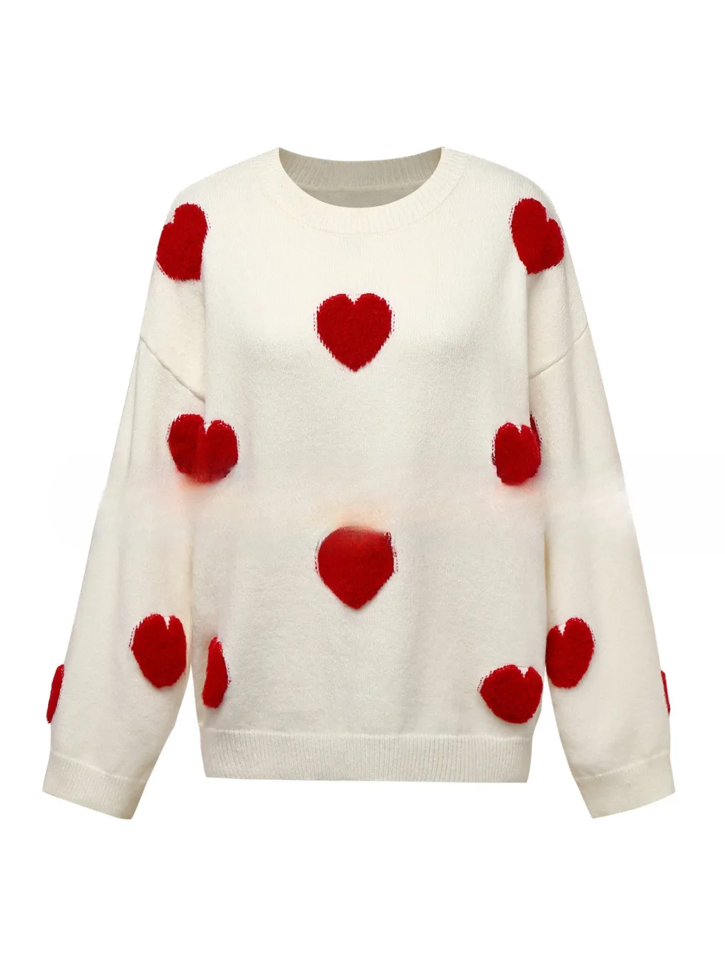 Women's 3D Jacquard Heart Pullover Sweater With Long Sleeves And Light Stretch - White