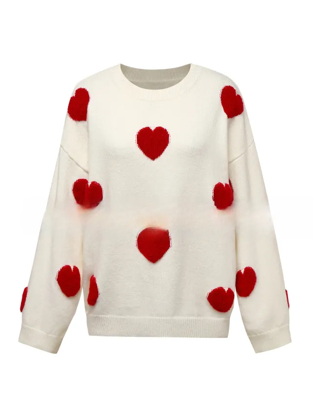 Women's 3D Jacquard Heart Pullover Sweater With Long Sleeves And Light Stretch White - Shop at LoveMi