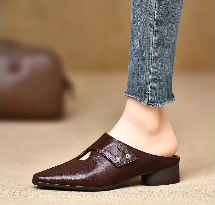 Women's Slip-on Slippers With Hand-stitched Pattern Made From First-layer Sheepskin