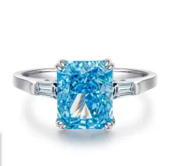S925 Silver 4 Karat Square Pagoda Cut Aquamarine Ring - Blue Diamond Cbjz143 - View 1