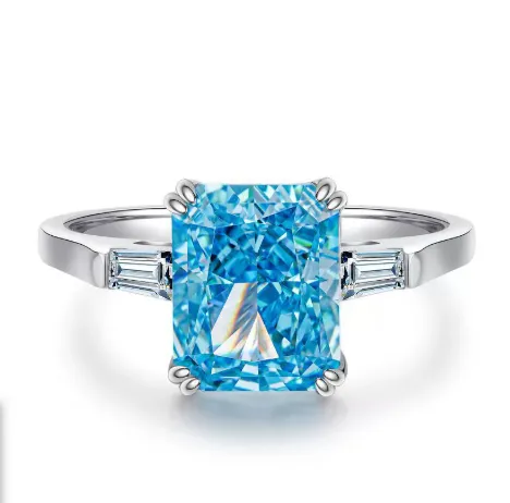 S925 Silver 4 Karat Square Pagoda Cut Aquamarine Ring Blue Diamond Cbjz143 - Shop at LoveMi