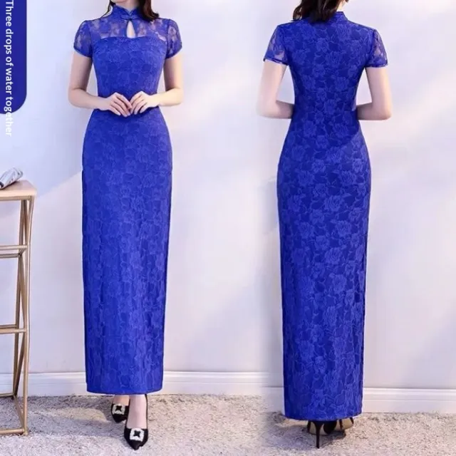 Retro style modified dance cheongsam lace long high slit dress Round Neck - Shop at LoveMi