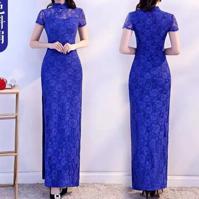 Retro-style modified dance cheongsam lace long high-slit dress - Slanted Collar