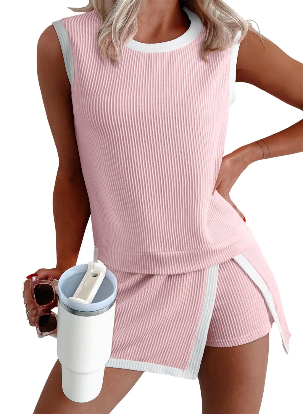 Ribbed Sleeveless Top Shorts Set Women Summer Casual Two Piece Outfit - Pink