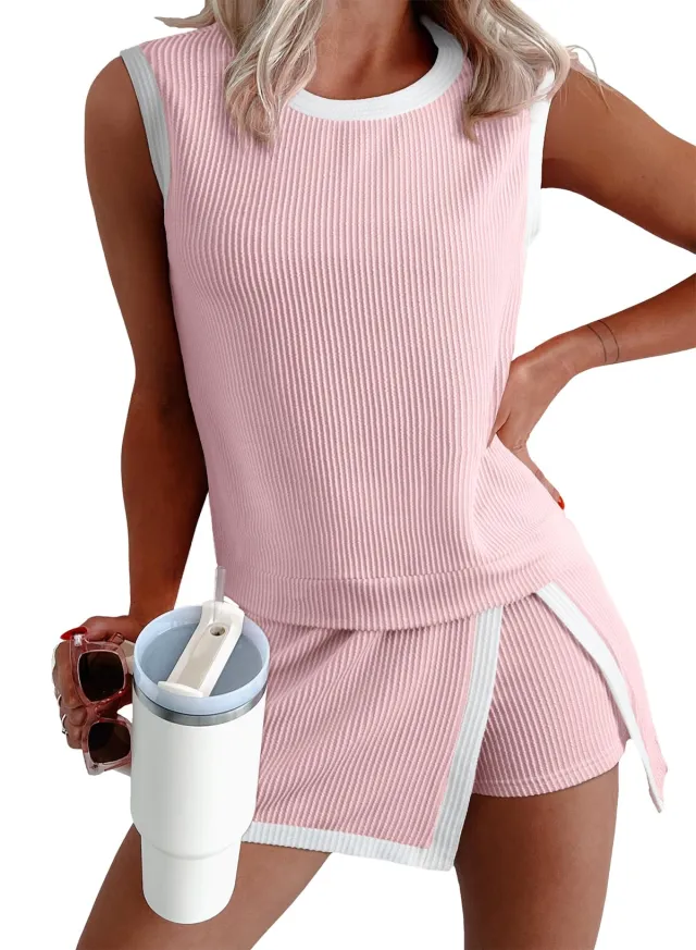 Ribbed Sleeveless Top Shorts Set Women Summer Casual Two Piece Outfit Pink - Shop at LoveMi