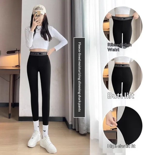 High stretch Shark Pants Made From Thickened Coral Fleece Fabricslim fit Warming Leggings Perfect For Autumn Black - Shop at LoveMi