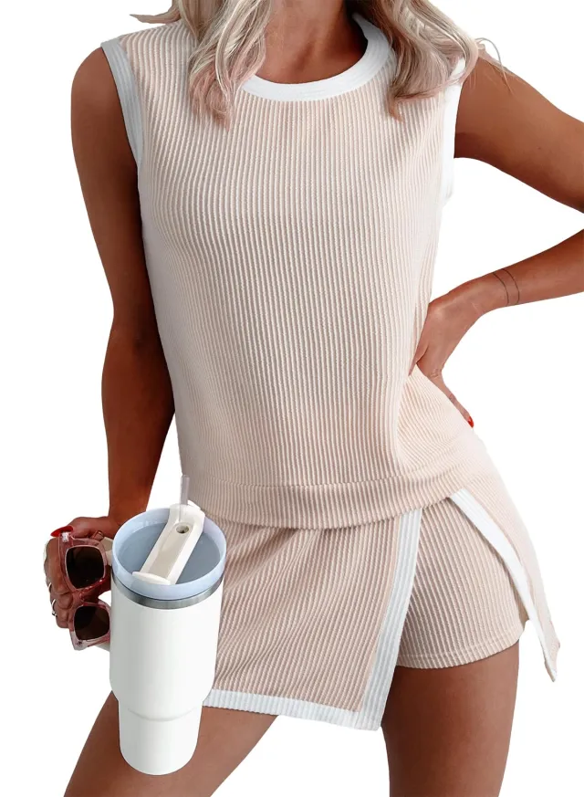 Ribbed Sleeveless Top Shorts Set Women Summer Casual Two Piece Outfit Apricot - Shop at LoveMi