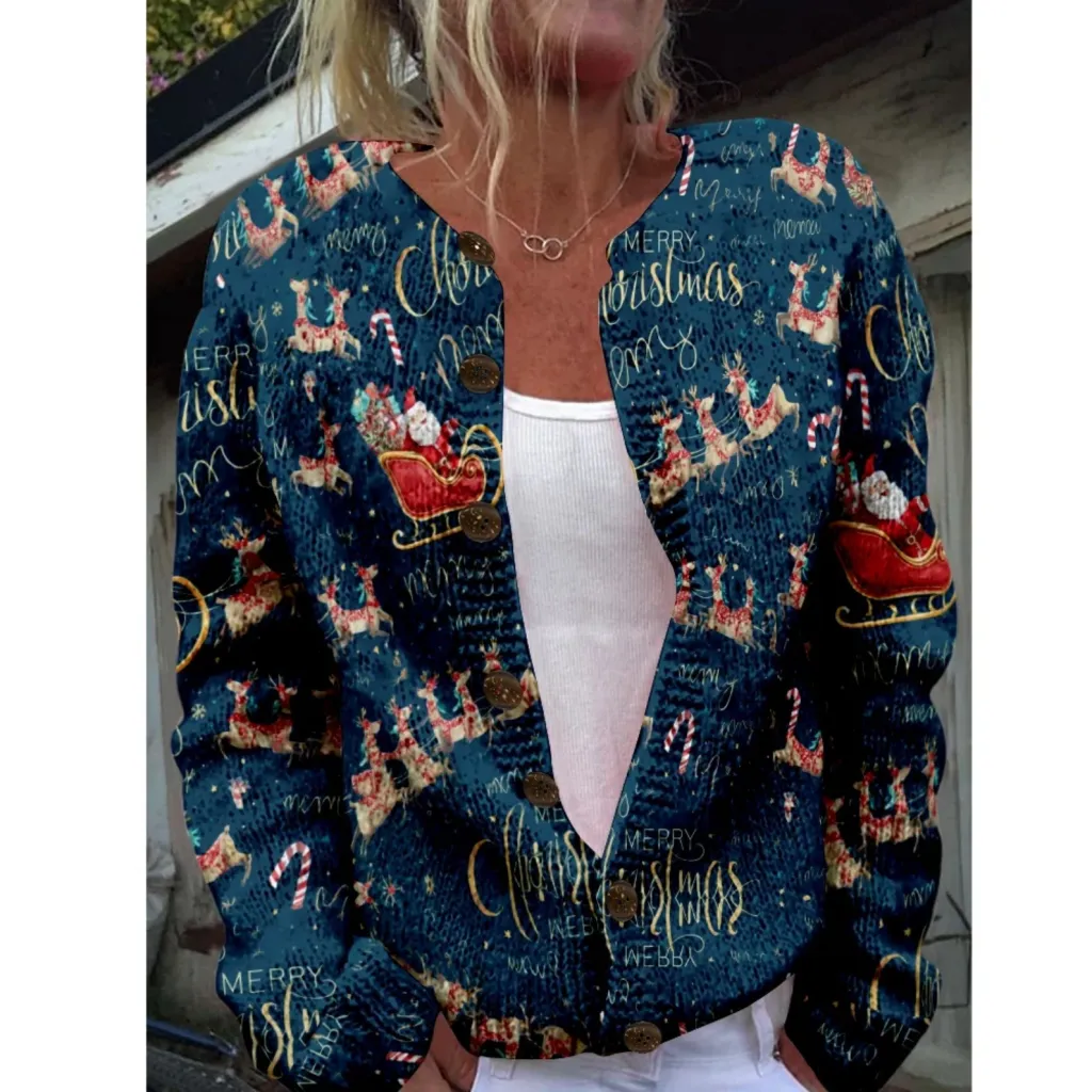 Round Neck Sweater Christmas Button Cardigan Long Sleeve Sweater - Sh10024088016-L