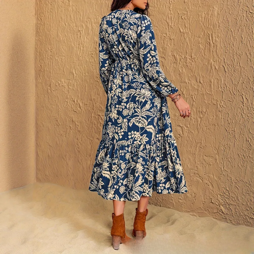 Women's Floral Print Bohemian V-neck Lace Dress - Navy