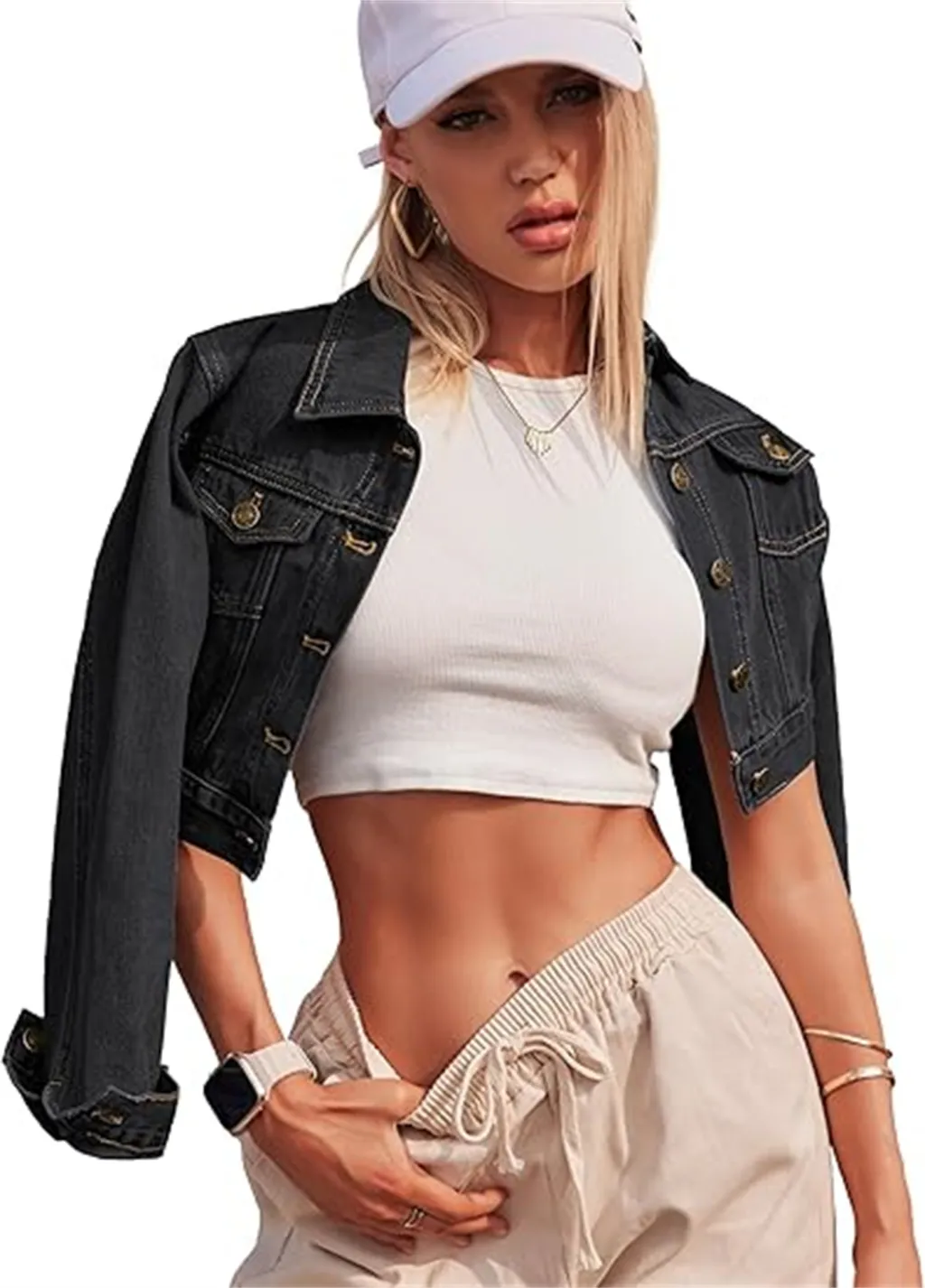 Button Long Sleeve Short Denim Jacket - Black