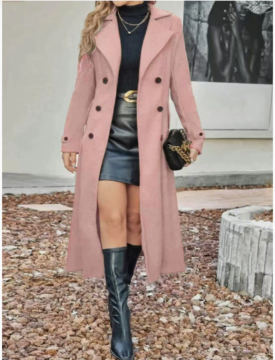 Elegant Solid Longline Coat Double Breasted Notched - Image 6