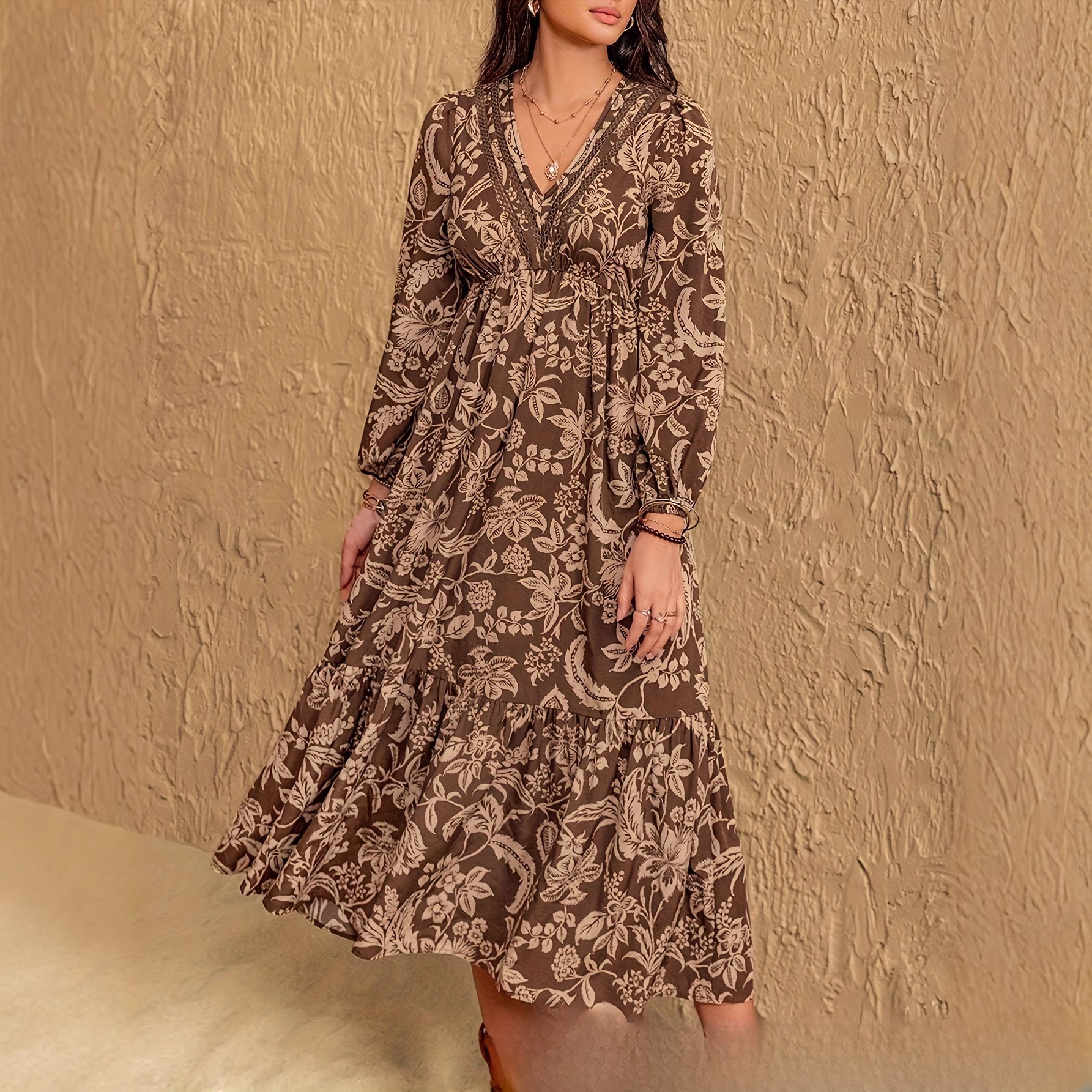 Women's Floral Print Bohemian V neck Lace Dress Floral - Shop at LoveMi