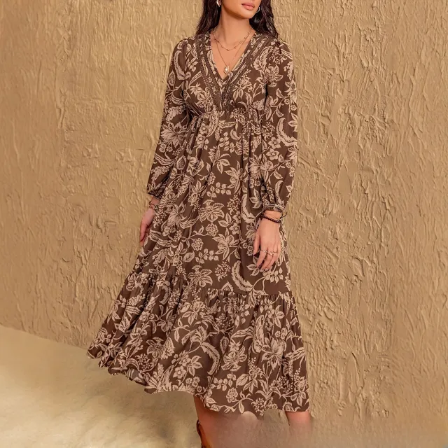 Women's Floral Print Bohemian V neck Lace Dress Brown - Shop at LoveMi