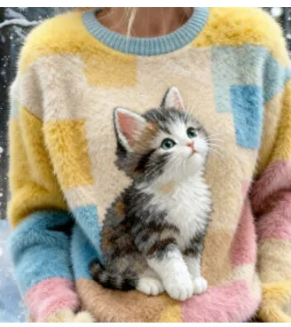 3D Digital Print Pattern Christmas Women's Flannel Sweatshirt Cat - Shop at LoveMi