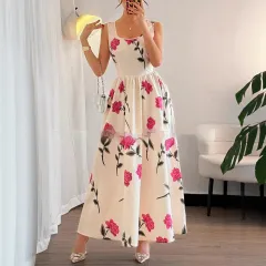 Women's Floral Print Square-Neck Sleeveless Elegant Dress - Colour - View 1
