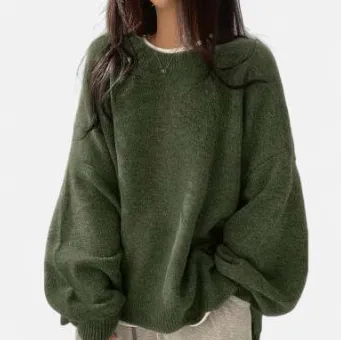Temperament Crew Neck Pullover Lantern Sleeve Loose Sweater For Women Army Green - Shop at LoveMi