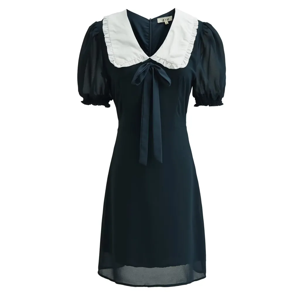 New Women's Doll Collar Bow Tie Puff Sleeve Short Dress - Navy