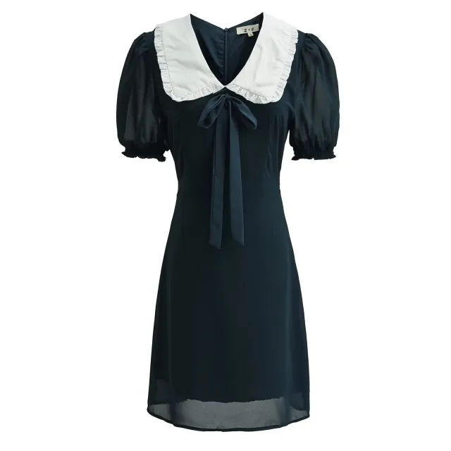 New Women's Doll Collar Bow Tie Puff Sleeve Short Dress Navy - Shop at LoveMi