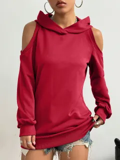 Autumn And Winter Solid Color Off-the-shoulder Hooded Women's Fashion Sweater - Red - View 1