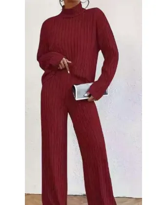 Autumn And Winter Leisure Turtleneck Knitting Long sleeve Suit Women's Sweater Loose Trousers Two piece Set Wine - Shop at LoveMi