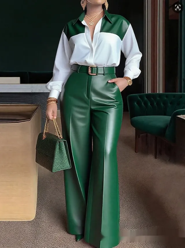 Women's Long sleeve Shirt And Wide leg Leather Pants Two piece Set Green - Shop at LoveMi