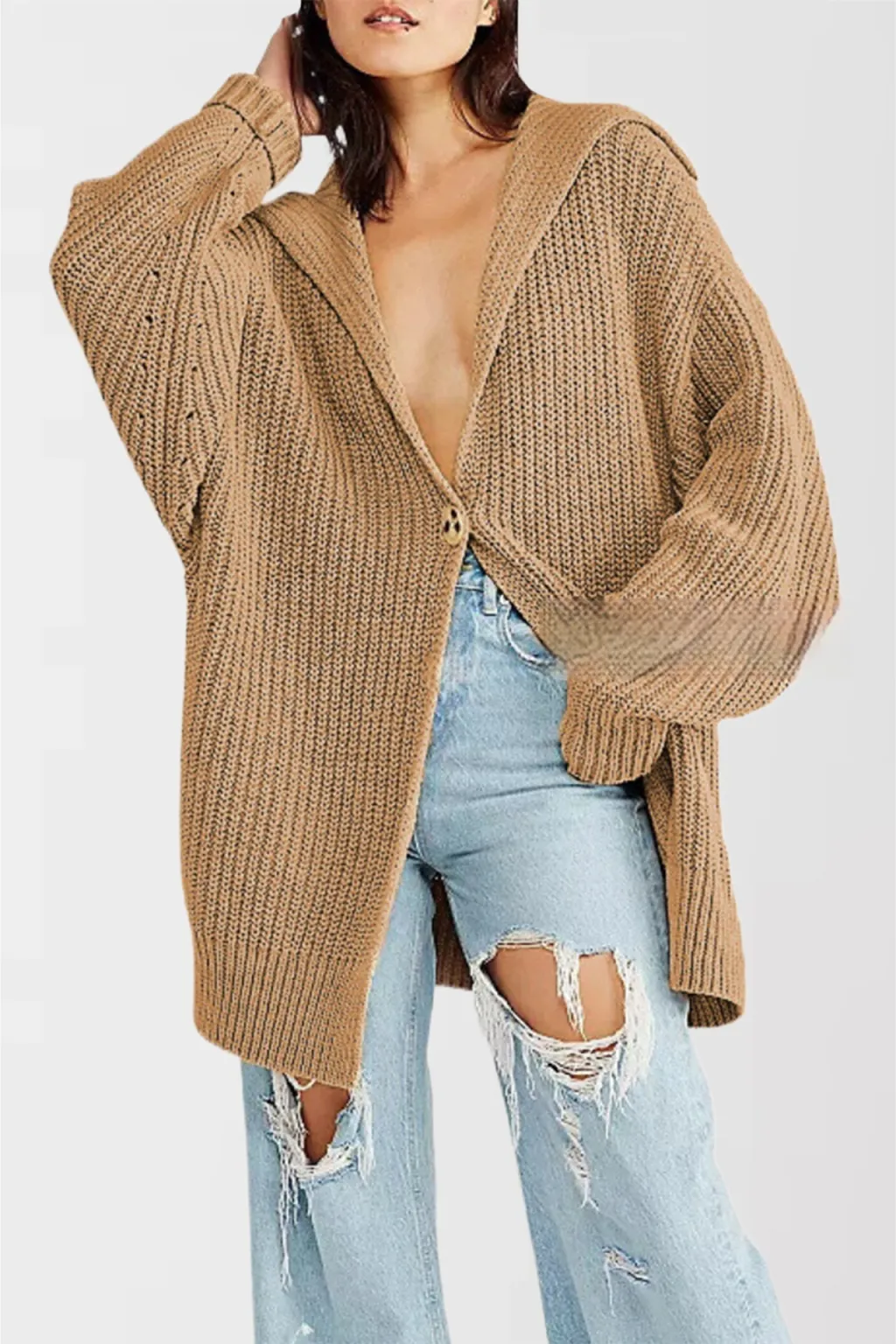 Women's Fashionable Lapel-Neck Loose-Fit Plus-Size Sweater Coat - Khaki
