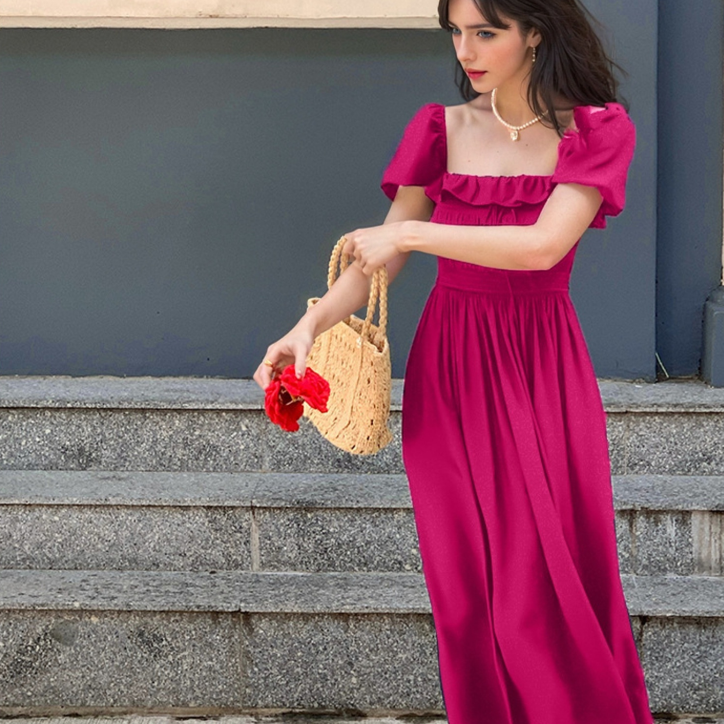 Women's French style Slim fit Short sleeve Dress Rose - Shop at LoveMi