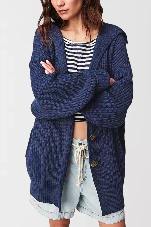 Women's Fashionable Lapel Neck Loose Fit Plus Size Sweater Coat Dark Blue - Shop at LoveMi