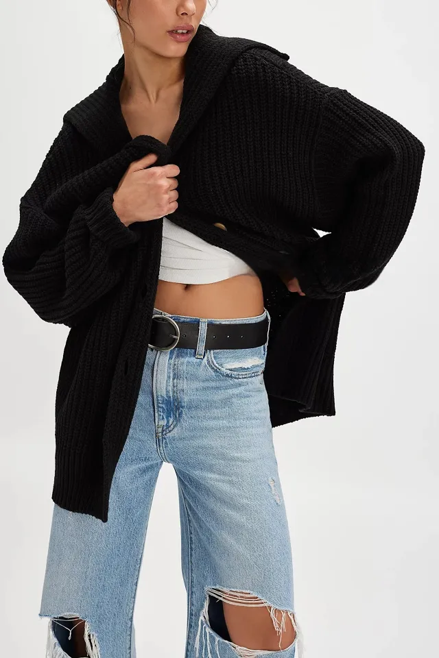 Women's Fashionable Lapel Neck Loose Fit Plus Size Sweater Coat Black - Shop at LoveMi