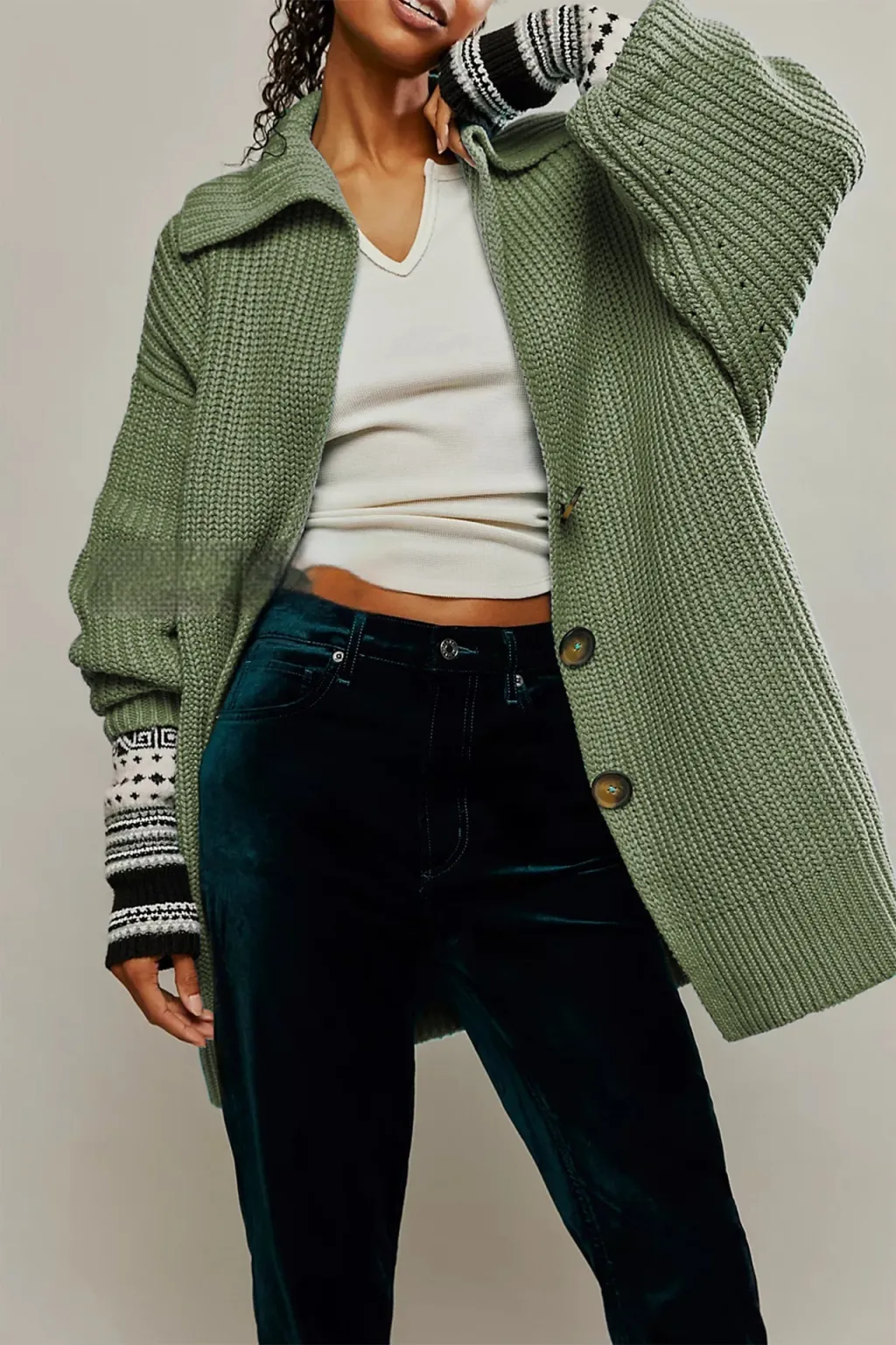 Women's Fashionable Lapel-Neck Loose-Fit Plus-Size Sweater Coat - Green