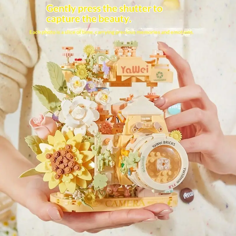 Simulation Camera Building Blocks Eternal Flower Desktop Ornament Small-Particle Design Birthday Gift