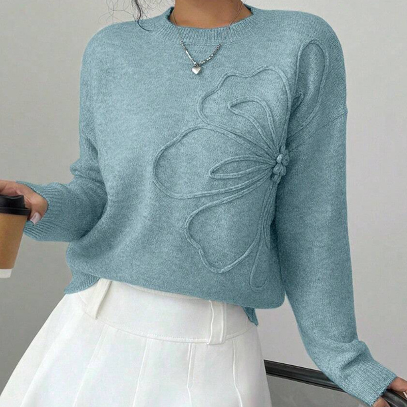 Fashionable All match Casual Flower Round Neck Sweater Women's Sweater Blue - Shop at LoveMi
