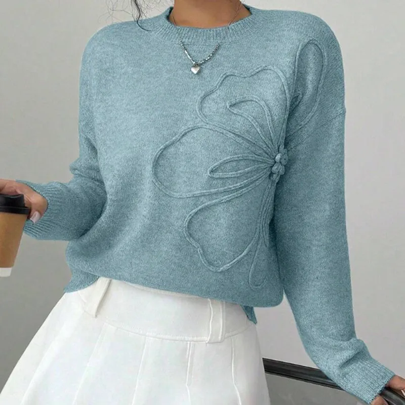 Fashionable All-match Casual Flower Round Neck Sweater Women's Sweater - Blue