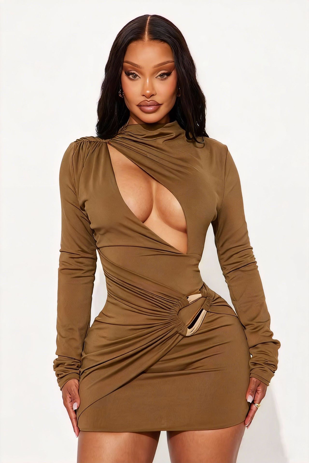 Half high neck Hollow out Metal button Long sleeve Dress Brown - Shop at LoveMi