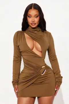 Half-high-neck Hollow-out Metal-button Long-sleeve Dress - Brown - View 1