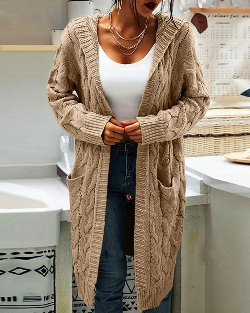 Women's Twisted Design Pocket Long Sleeve Sweater Solid Color Casual Coat - Khaki