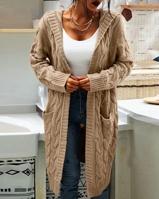 Women's Twisted Design Pocket Long Sleeve Sweater Solid Color Casual Coat Khaki - Shop at LoveMi