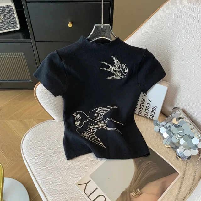 Fashionable Retro Embroidered Short Sleeve T Shirt Elegant Versatile Stand Up Collar Cropped Top Black - Shop at LoveMi