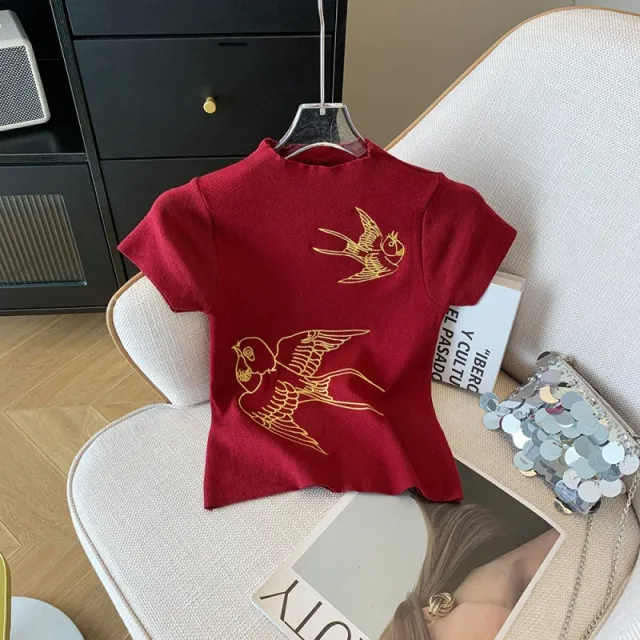 Fashionable Retro Embroidered Short Sleeve T Shirt Elegant Versatile Stand Up Collar Cropped Top Red - Shop at LoveMi
